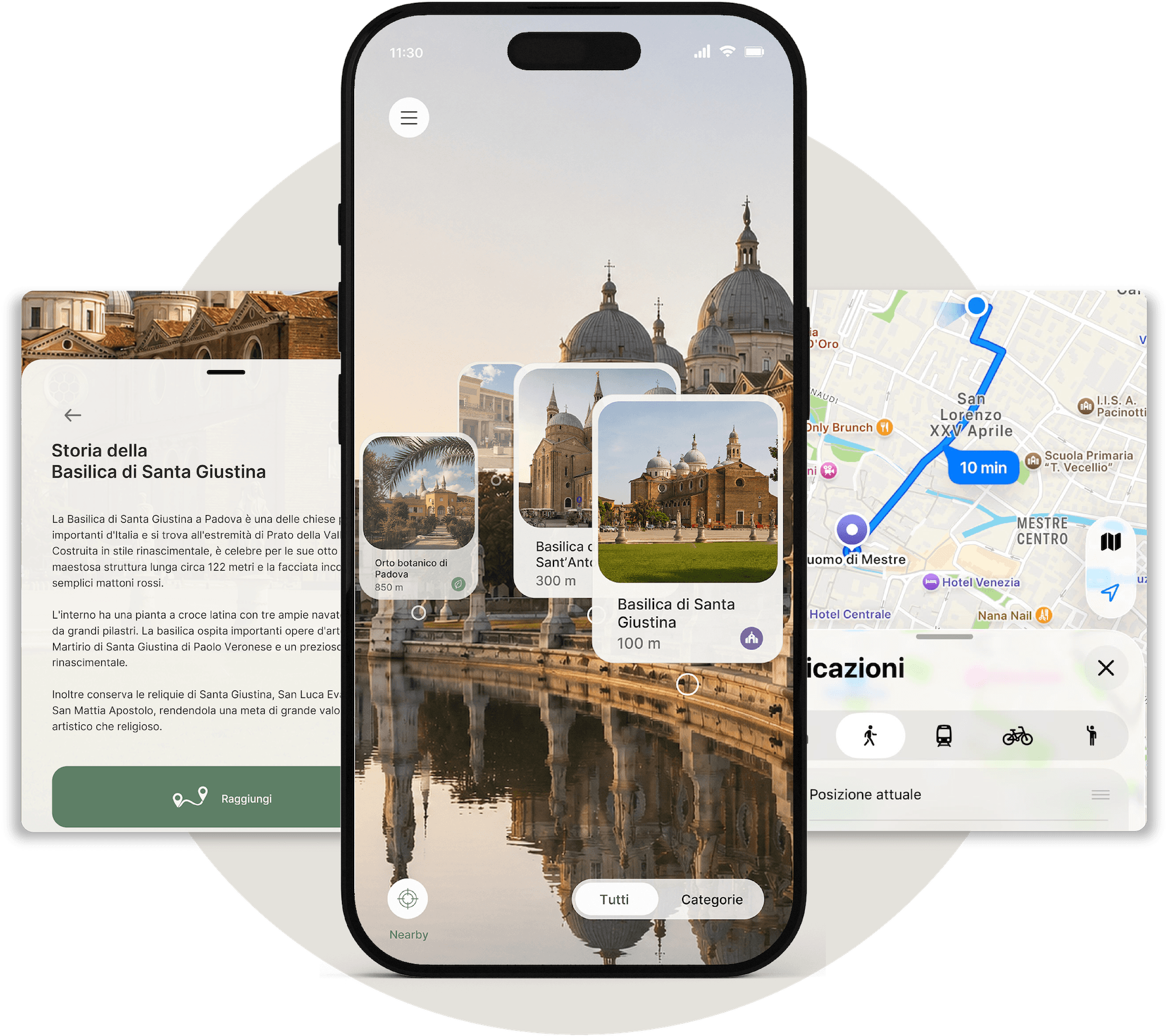 Schermate dell'app Dolce Turismo: vista in realtà aumentata, scheda di un luogo e navigazione